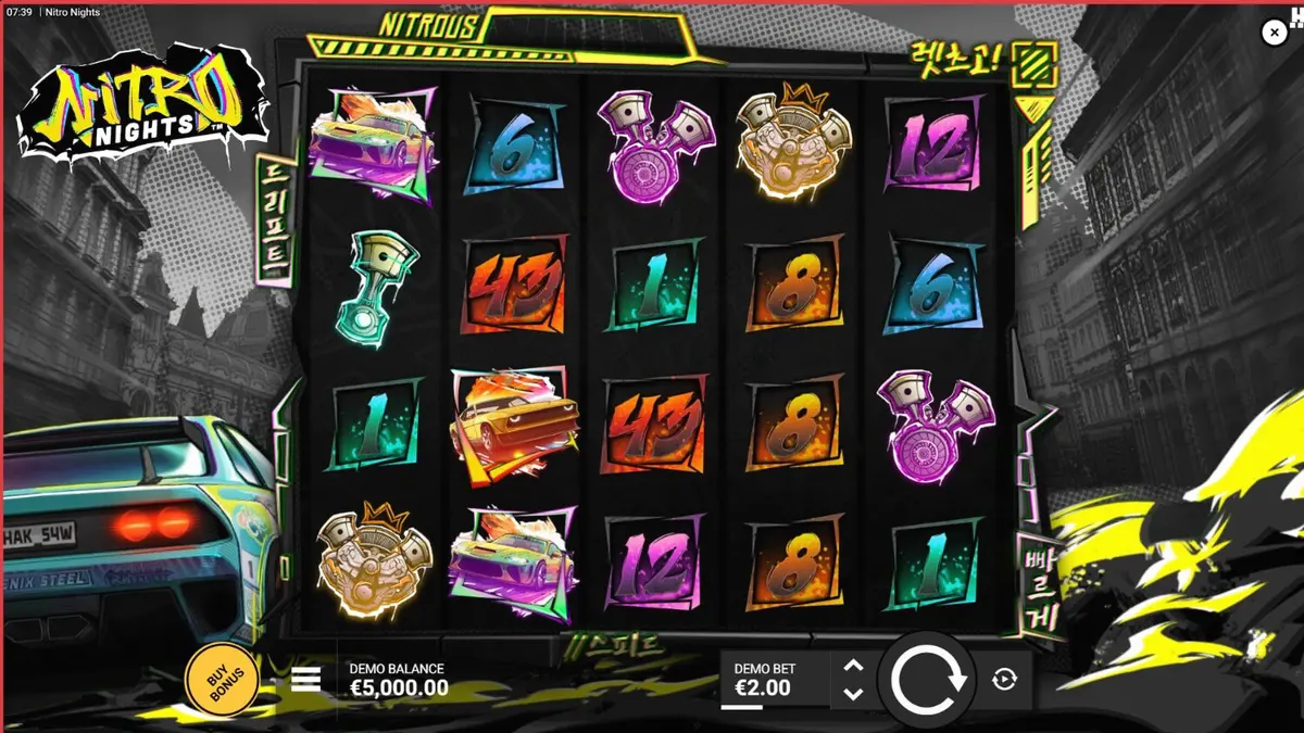 Tampilan visual neon dan mobil balap dalam slot Nitro Nights
