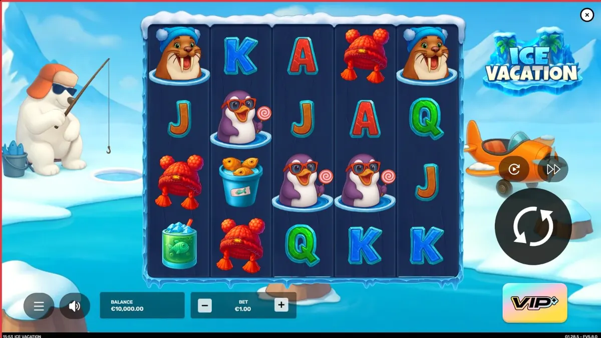 Tampilan visual slot Ice Vacation dengan karakter penguin dan beruang kutub
